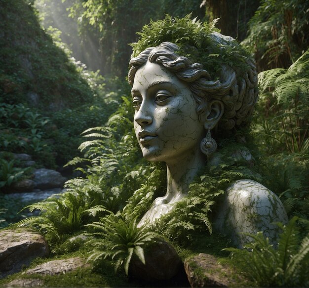 Foto una estatua de una mujer con una cara y una planta en el medio del bosque