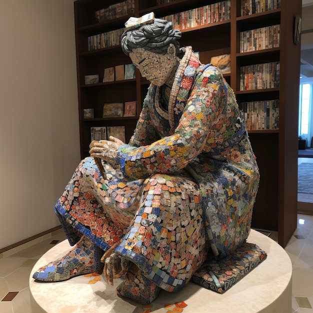 Una estatua de una mujer con un colorido kimono.