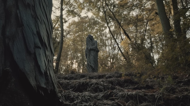 Una estatua de una mujer se encuentra en el bosque con el tronco de un árbol al fondo.