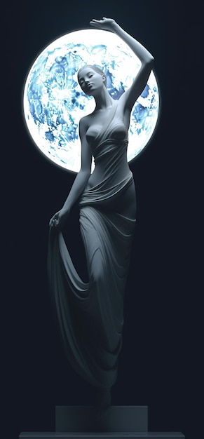 Una estatua de una mujer se encuentra frente a la luna llena.