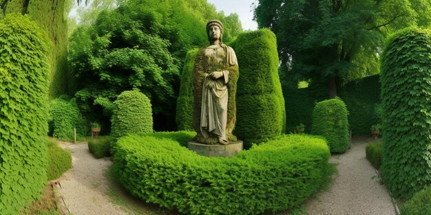 Foto una estatua de una mujer se encuentra en un jardín con arbustos y árboles.