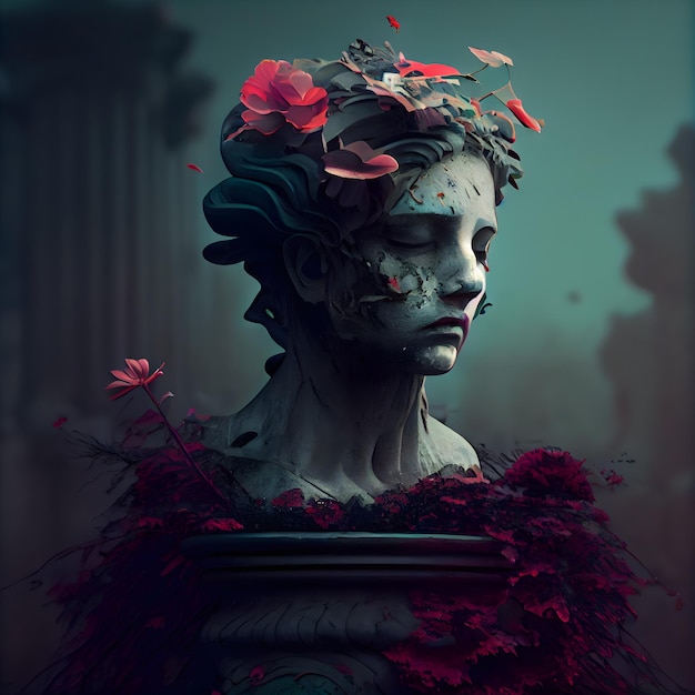 estatua, de, un, mujer, con, flores, en, ella, pelo, 3d, interpretación