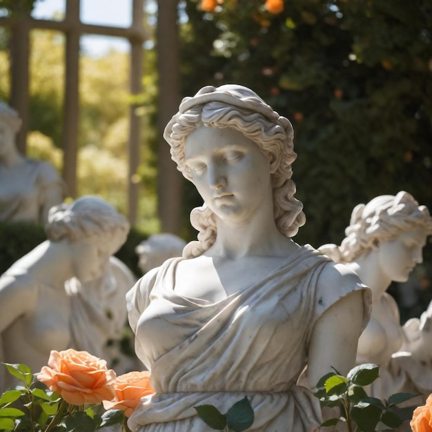 una estatua de una mujer con flores en el fondo