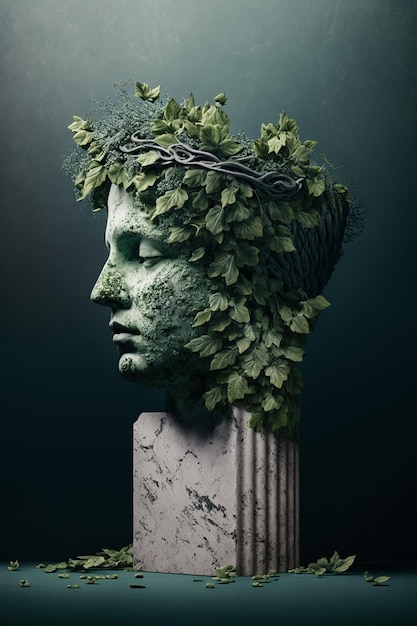 Una estatua de una mujer con hojas en la cabeza.