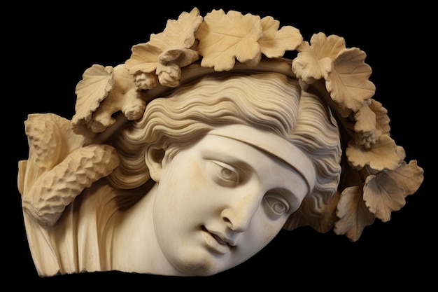 Una estatua de una mujer con hojas en la cabeza.