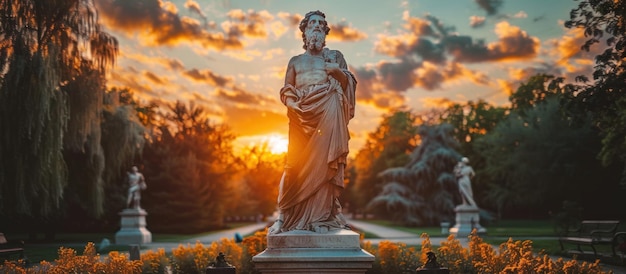 Foto estatua de una mujer en el parque al atardecer