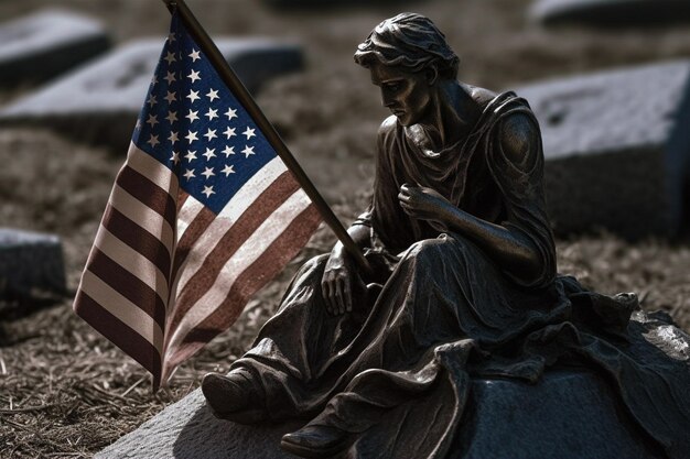 Una estatua de una mujer que sostiene una bandera que dice 'Estados Unidos'