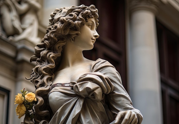 una estatua de una mujer con un ramo de flores