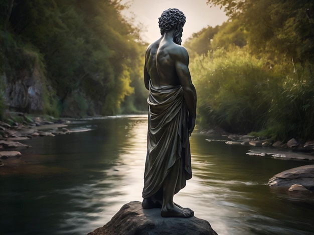 estatua de una mujer en un río con el sol detrás de ella