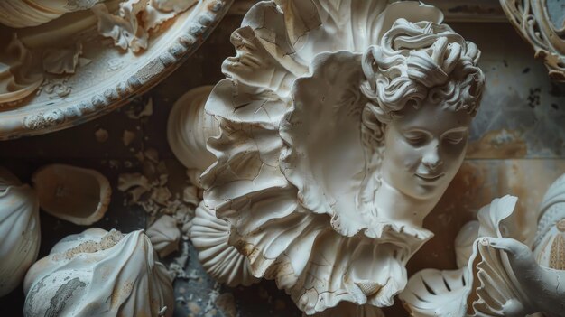 Foto una estatua de una mujer rodeada de conchas perfecta para diseños con temática de playa