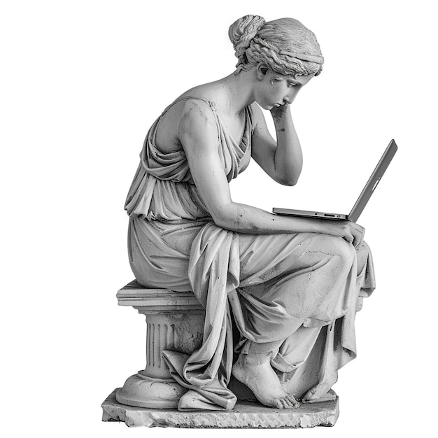 una estatua de una mujer usando una computadora portátil