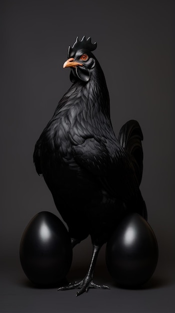 Foto una estatua negra y plateada de un pájaro negro con una luz roja en el fondo
