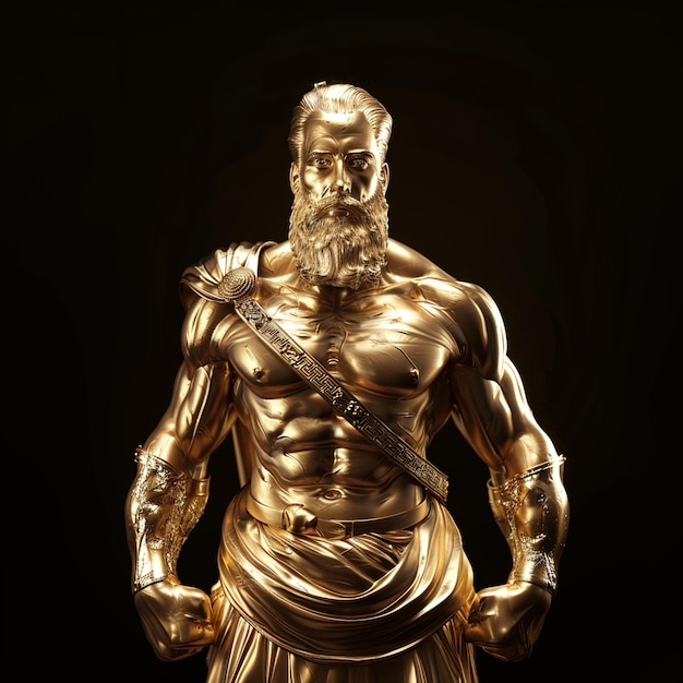 una estatua de oro de un dios con una espada en la mano