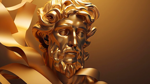 Una estatua de oro de un hombre con barba y espada.