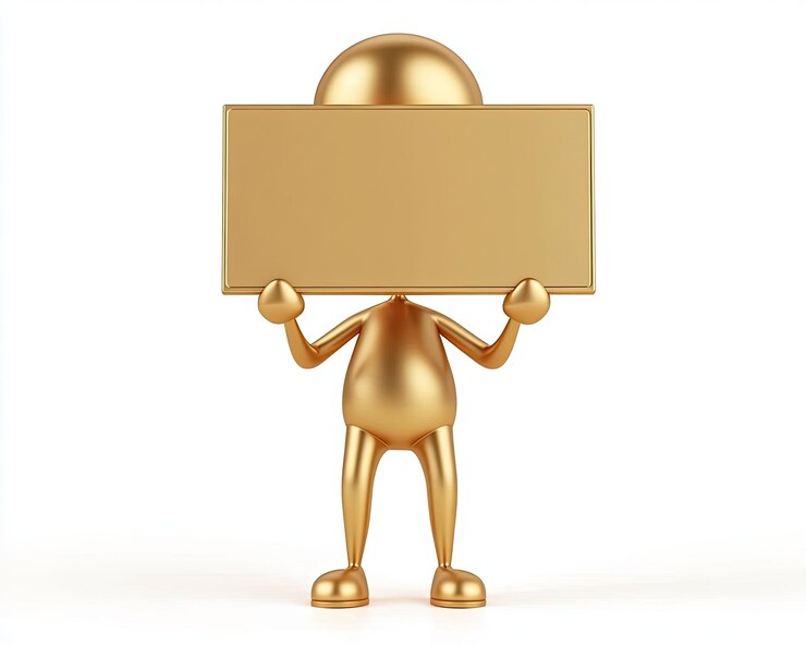 una estatua de oro con un letrero que dice la palabra en ella