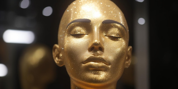 Una estatua de oro de una mujer con los ojos cerrados