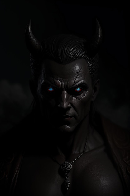 Una estatua oscura de un demonio con ojos azules.