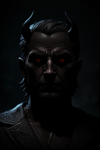 Una estatua oscura de un diablo con ojos rojos.