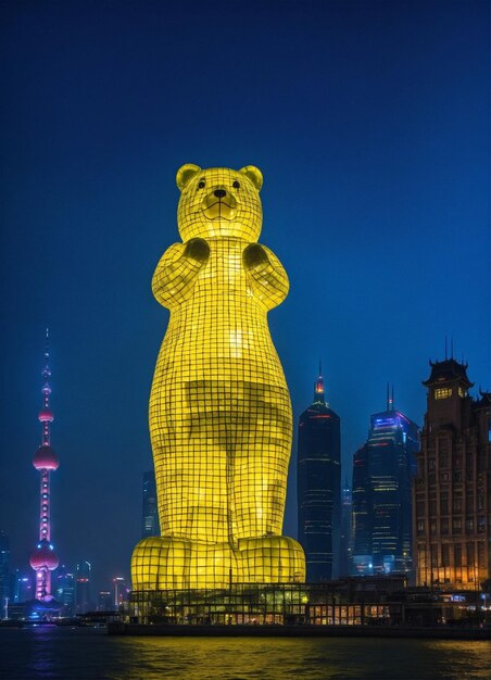 una estatua de oso con un techo rojo y un edificio en el fondo