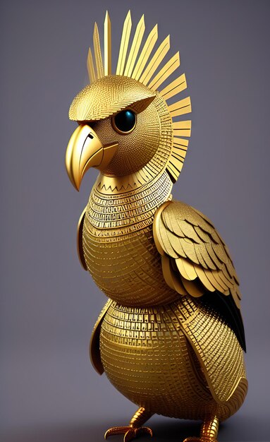 Una estatua de un pájaro dorado con un ojo azul y alas doradas.