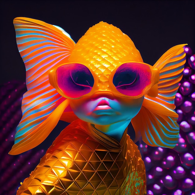 Foto una estatua de pez de colores con un ojo rosado y anteojos rosas.