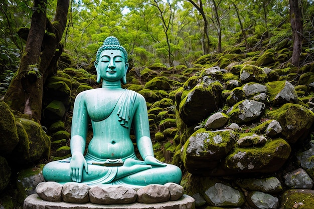 Estatua de piedra de Buda en el entorno verde zen generativo ai