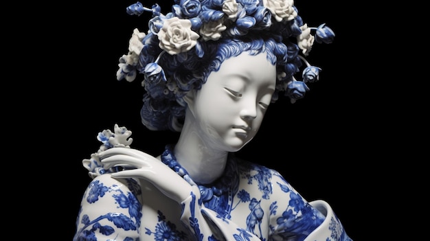 Una estatua de porcelana azul y blanca de una chica con
