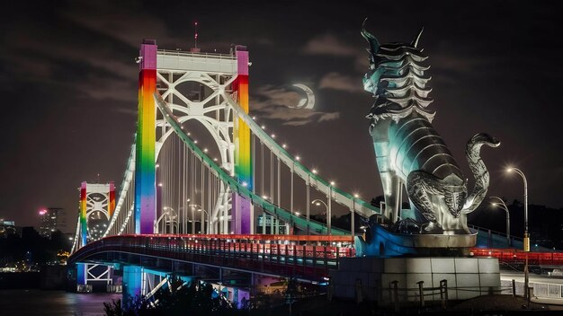 Estatua y puente arco iris por la noche en Tokio, Japón