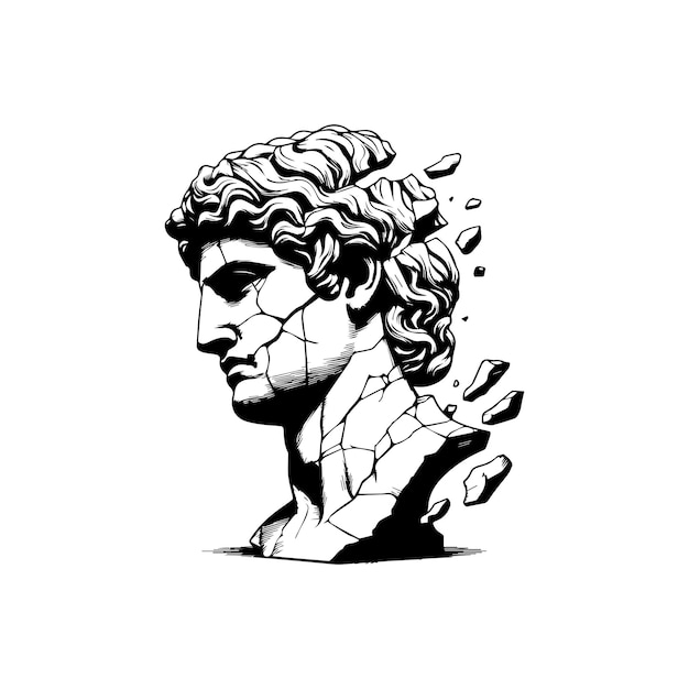 estátua rachada cabeça de escultura grega esboço gravura estilo ilustração vetorial silhueta grega