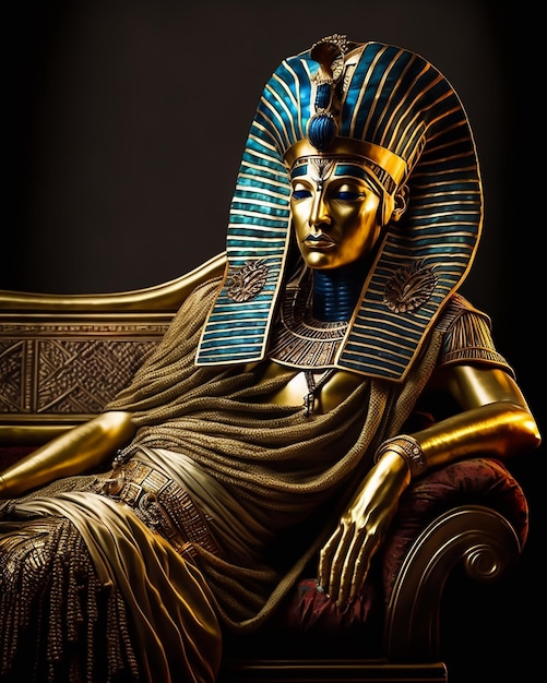 Una estatua de la reina de la diosa egipcia del faraón con máscara dorada y accesorios dorados sentados en el trono