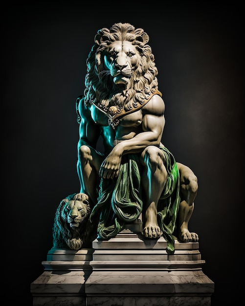 La estatua del Rey León en mármol real negro se encuentra en una pose poderosa