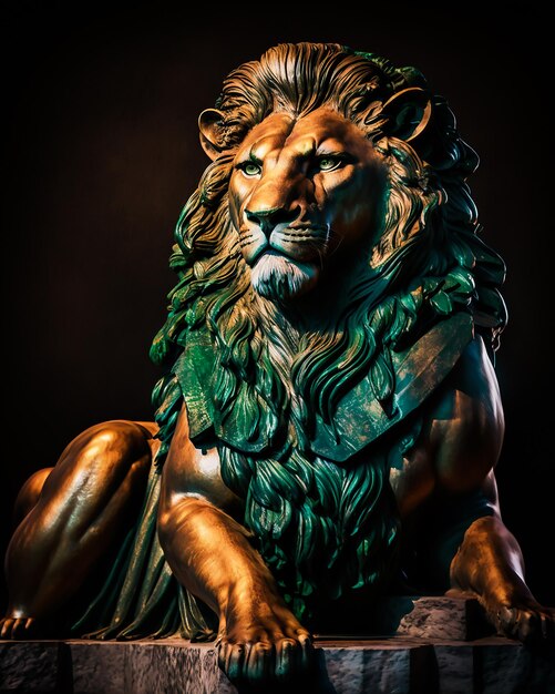 La estatua del Rey León en mármol real negro se encuentra en una pose poderosa