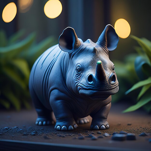 Una estatua de rinoceronte azul está sobre una mesa con plantas en el fondo.