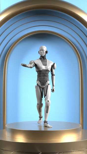 una estatua de un robot con un fondo azul y un fondo azul