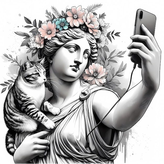 Estatua romana de Atenea con un gato tomando selfies