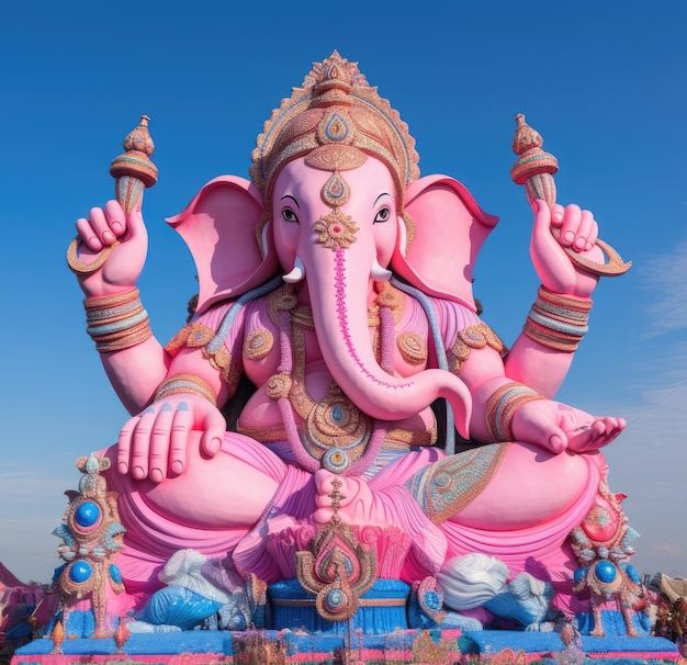 Estátua rosa de Ganesha fundindo crenças hindus e tailandesas em uma exibição vibrante com o pôr do sol