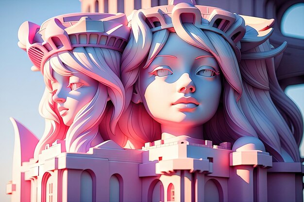 La estatua rosa de la libertad en la ciudad de Nueva York, ilustración al estilo de la niña Barbie.