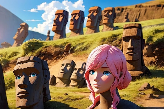 Una estatua rosa moai barbie en el fondo de la isla de pascua Estatua rosa moai escultura estilo muñeca barbie ilustración generativa ai