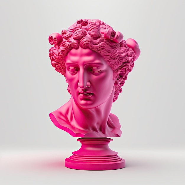 Una estatua rosa de una mujer con cabello rizado y cabeza rosa.