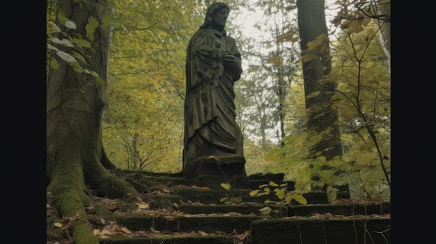 Una estatua de un santo se encuentra en el bosque.