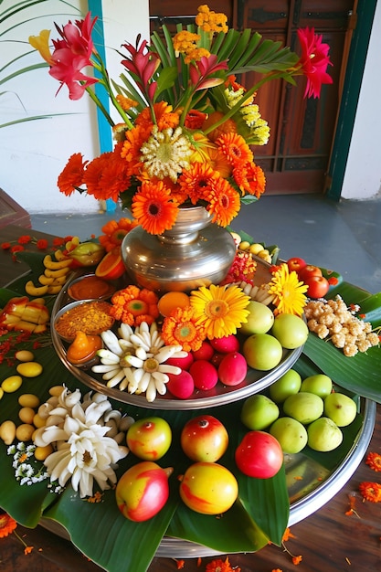 Estatua del Señor Ganesha sentado en una asana dorada con frutas y flores Feliz Ganesh Chaturthi