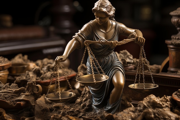 Foto estatua de la señora justicia representada sosteniendo una balanza de justicia que simboliza la equidad e imparcialidad