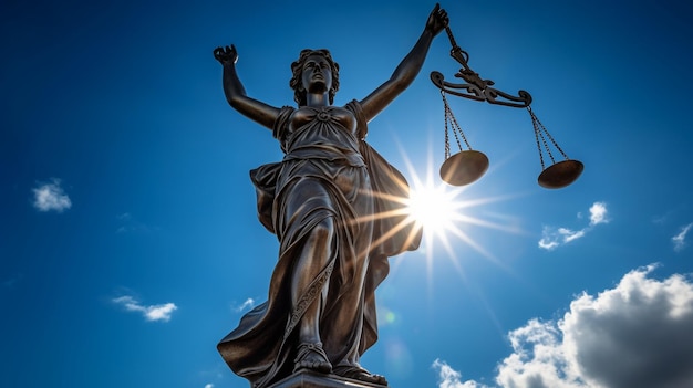 Una estatua de una señora justicia con el sol brillando sobre ella