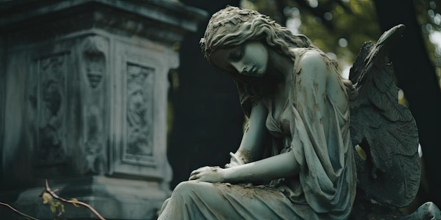 Foto una estatua está sentada en un cementerio en el estilo de la sensibilidad emocional