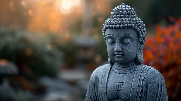 Foto estátua serena de buda em postura de meditação em antigo templo conceito de atenção zen