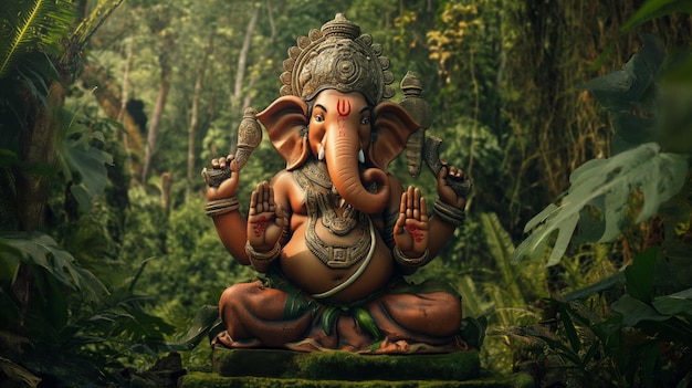 Estátua serena de Ganesha em meio a vegetação exuberante simbolizando paz e espiritualidade