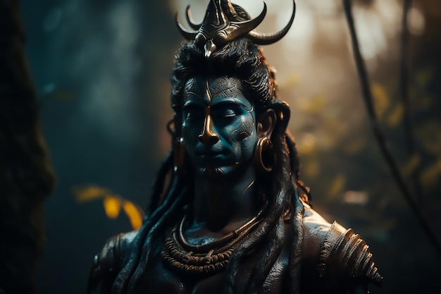 Una estatua de shiva con una cara azul pintada en ella