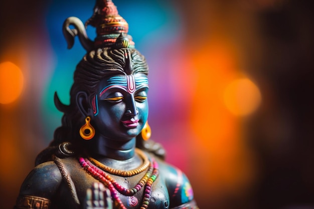 Una estatua de shiva con pintura de colores en la cara.