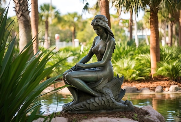 Estatua de sirena en el parque entre las palmeras