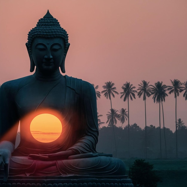 una estatua con un sol en el fondo y palmeras en el fondo